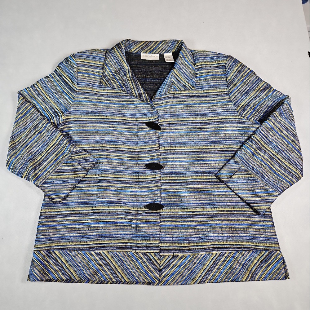 Drapers & Damons Womens Blue Green Striped 3/4 Sleeve Blazer Size XL